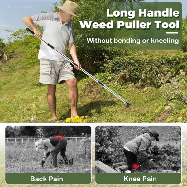 Weed Puller Tool with Long Handle - 60" Manual Weeder Remover Tool, 2 in 1 Hand Weed Rake and Garden Hoe for Gardening, Heavy Duty Uprooting Weeding Pull for Yard, Lawn, Patio and Garden - Image 3