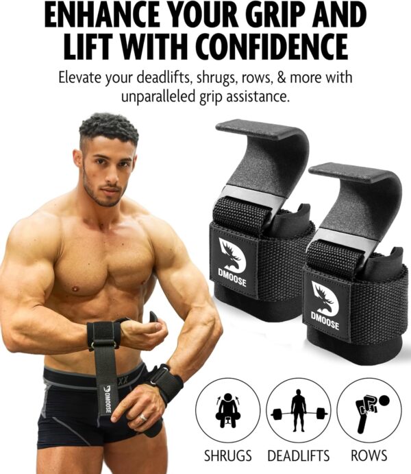 DMoose Fitness Weight Lifting Hooks (Pair) for Deadlifts, Pull Ups & Shrugs - 500 Lbs Capacity, Thick Wrist Padding - Heavy Duty Gym Workout Grips Straps for Men and Women - Image 2