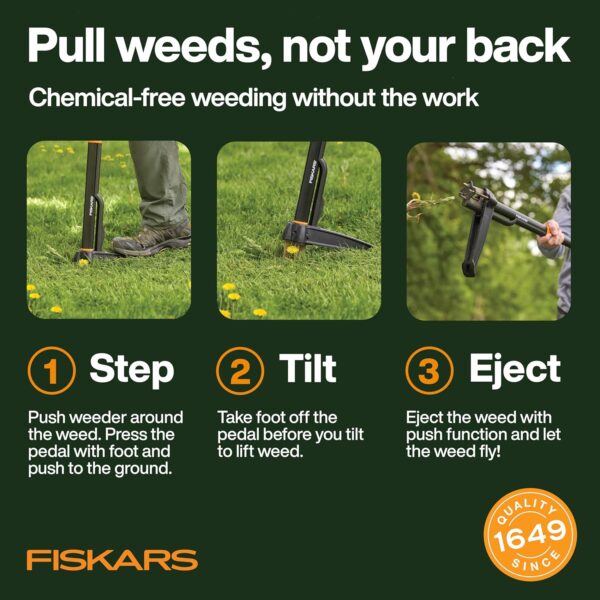 Fiskars 4-Claw Stand Up Weed Puller Tool, Gardening Hand Weeding Tool with 39" Long Ergonomic Handle with Easy-Eject Mechanism - Image 2