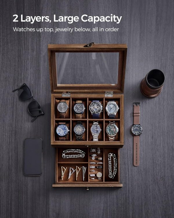 SONGMICS 8-Slot Watch Box, 2-Tier Watch Display Case with Large Glass Lid, Removable Watch Pillows, Velvet Lining, Jewelry Box, Gift Idea, Rustic Walnut UJOW008K01 - Image 3