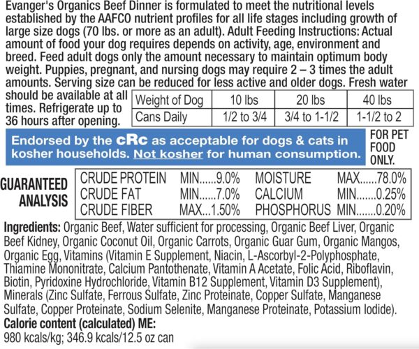 Evanger's Organics Beef Dinner for Dogs - 12, 12.5 oz Cans - Image 3
