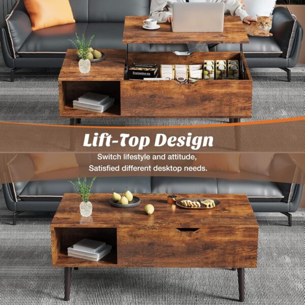 Sweetcrispy Coffee Table, Lift Top Coffee Tables for Living Room, Small Rising Wooden Dining Center Tables with Storage Shelf and Hidden Compartment, Brown - Image 5