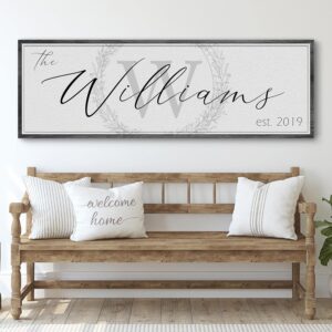 Tailored Canvases Personalized Family Sign - Last Name Signs For Home, Custom Wall Decor Canvas for Living Room, Fireplace, Kitchen, Porch, & Front Door - Monogram on White, Grey Wooden Border, 20"x10"