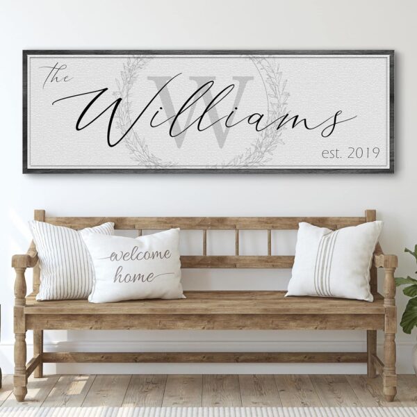 Tailored Canvases Personalized Family Sign - Last Name Signs For Home, Custom Wall Decor Canvas for Living Room, Fireplace, Kitchen, Porch, & Front Door - Monogram on White, Grey Wooden Border, 20"x10"