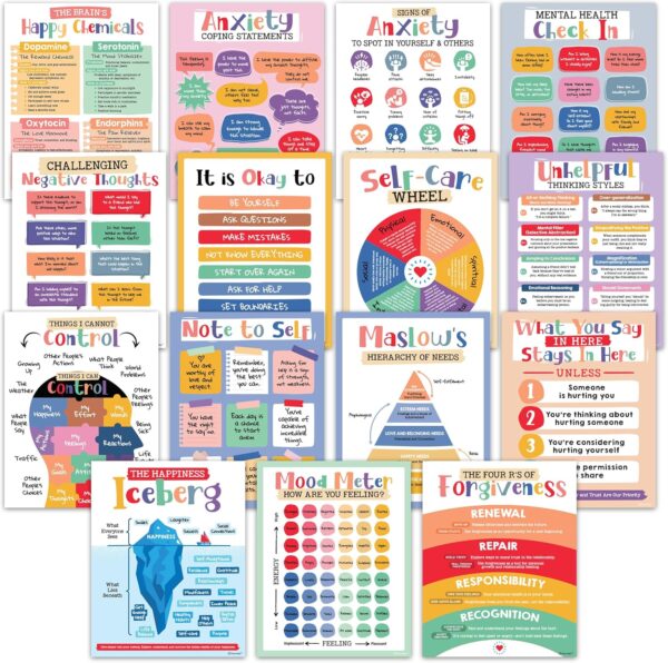 Decorably 15 Mental Health Posters for Classroom, 11x14in Matte-Laminated Educational Mental Health Posters for Office - School, Counselors Office, Therapy Clinic