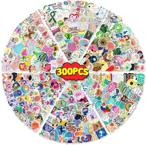 300PCS Mental Health Stickers Gifts for Teens Adults, Mental Health Matters Awareness Items Waterproof Vinyl Water Bottle Sticker for Laptops Helmet Doctor Reward Stickers Therapy Office Decor