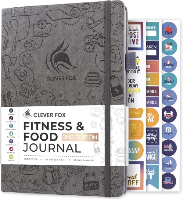 Clever Fox Fitness & Food Journal – Nutrition & Workout Planner for Women & Men – Diet & Gym Exercise Log Book with Calendars, Diet & Training Trackers - Undated, A5 Size, Hardcover (Grey)