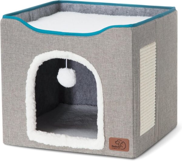 Bedsure Cat Beds for Indoor Cats - Large Cat Cave for Pet Cat House with Fluffy Ball Hanging and Scratch Pad, Foldable Cat Hideaway, 16.5x16.5x13 inches, Grey - Image 7