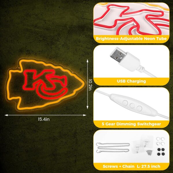 Football Team Neon Sign, Cool Light Up Dimmable KC Team Logo Hanging Led Neon Sign for Wall Decor, Man Cave, Garage, Party, Bar, Game Room Deco, Birthday Gift for Football Fan - Image 3