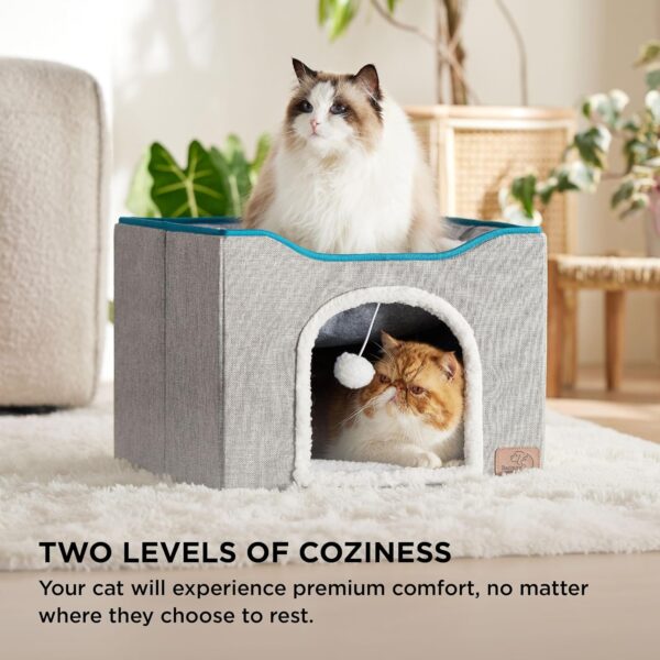 Bedsure Cat Beds for Indoor Cats - Large Cat Cave for Pet Cat House with Fluffy Ball Hanging and Scratch Pad, Foldable Cat Hideaway, 16.5x16.5x13 inches, Grey - Image 3