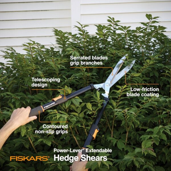 Fiskars Power-Lever Hedge Shears - 25"-33" Extendable Handle - Plant Cutting Scissors - Yard and Garden Tools - Orange/Black - Image 3