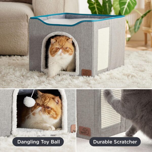 Bedsure Cat Beds for Indoor Cats - Large Cat Cave for Pet Cat House with Fluffy Ball Hanging and Scratch Pad, Foldable Cat Hideaway, 16.5x16.5x13 inches, Grey - Image 4