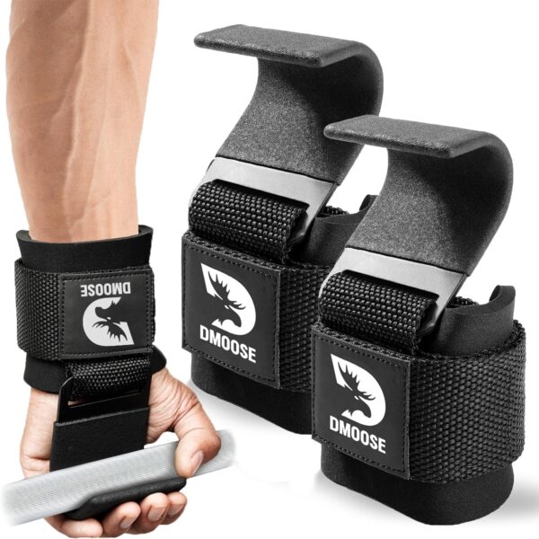 DMoose Fitness Weight Lifting Hooks (Pair) for Deadlifts, Pull Ups & Shrugs - 500 Lbs Capacity, Thick Wrist Padding - Heavy Duty Gym Workout Grips Straps for Men and Women