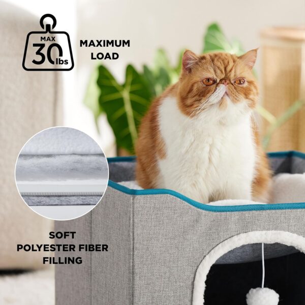 Bedsure Cat Beds for Indoor Cats - Large Cat Cave for Pet Cat House with Fluffy Ball Hanging and Scratch Pad, Foldable Cat Hideaway, 16.5x16.5x13 inches, Grey - Image 2