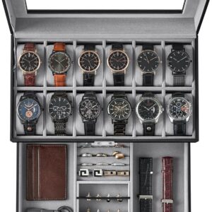 SONGMICS 12-Slot Watch Box, Lockable Watch Case with Glass Lid, 2 Layers, with 1 Drawer for Rings, Bracelets, Gift Idea, Black Synthetic Leather, Gray Lining UJWB012