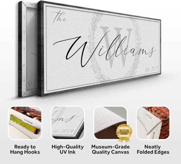 Tailored Canvases Personalized Family Sign - Last Name Signs For Home, Custom Wall Decor Canvas for Living Room, Fireplace, Kitchen, Porch, & Front Door - Monogram on White, Grey Wooden Border, 20"x10" - Image 2