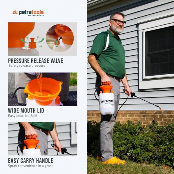Petratools 1 Gallon Pump Sprayer – HD101 Garden Sprayer for Weeds, Lawn Care & Pesticides – 52” Long Hose, 2 Nozzles & Easy Carry Handle – Durable & Lightweight - Image 4
