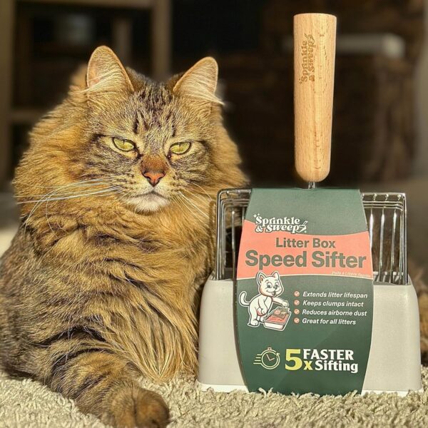 Sprinkle & Sweep Metal Cat Litter Scoop - Heavy Duty Litter Scooper & Speed Sifter with Comfortable Beech Wood Grip - Washable Convenient Stand for Easy and Efficient Cleaning - Image 6